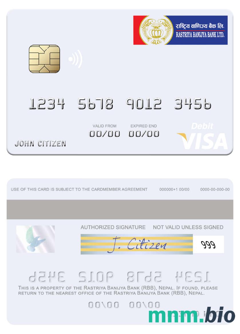 Nepal Rastriya Banijya Bank (RBB) visa debet karta przykład w formacie PSD